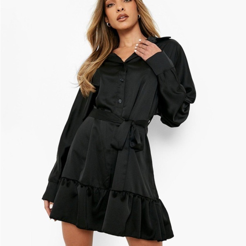 Black Satin Button Front Mini Shirt Dress Ruffle Hem Long Sleeve Size M